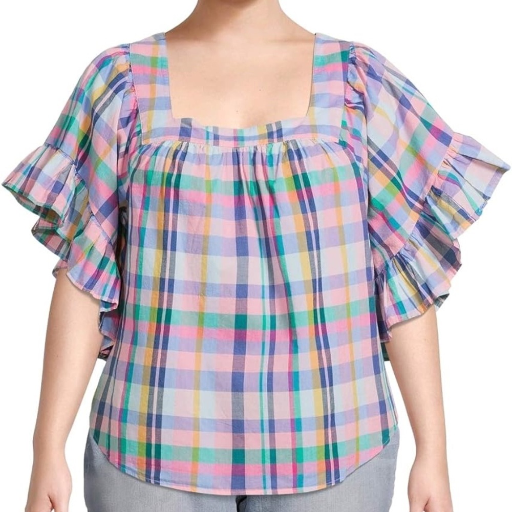 Terra & Sky Multi Plaid Plus Size Square Neck Peasant Blouse - 0X (14W)